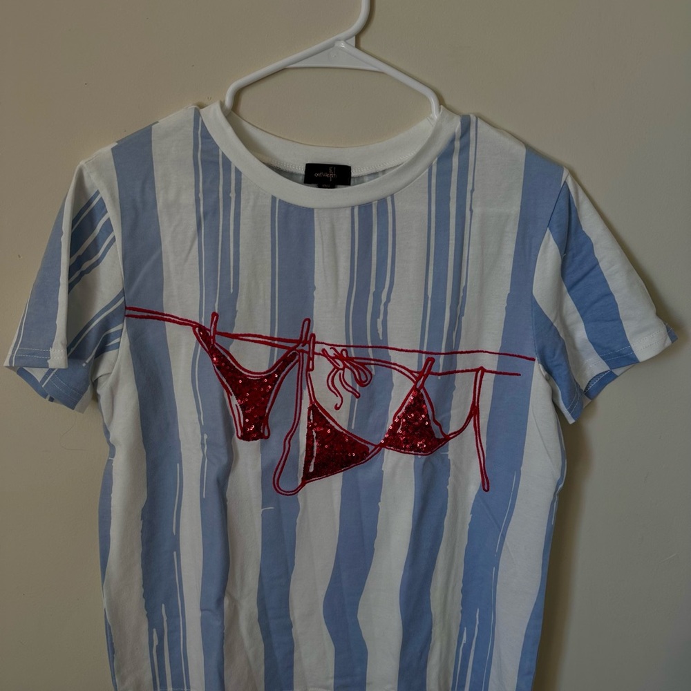 Striped Blue & White Tee with Red Sequin Bikini Graphic